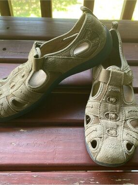 Earth Origins Olive-Tan Slip-On Suede Sandal